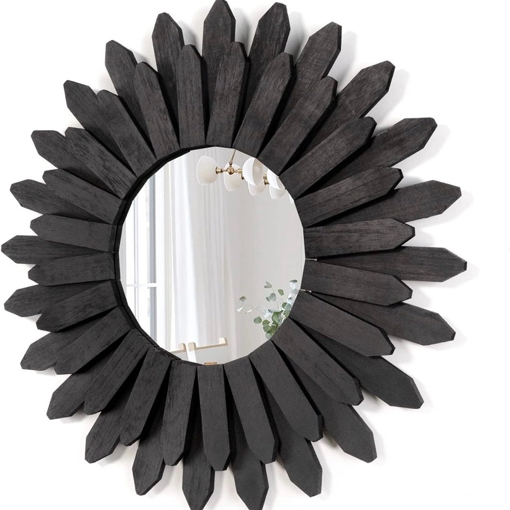 Black Sunburst Wall Mirror,Boho Style,Wooden Frame 21”Diameter,9”Mirror Diameter
